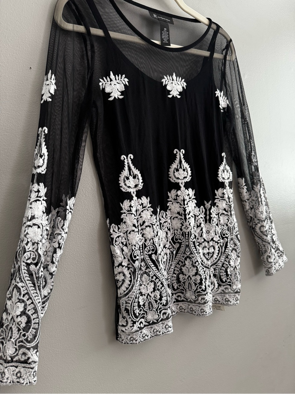INC Black Sheer Mesh Top with White Embroidered Paisley Details